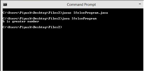 This image describes the output of sample program for if else control statements in java.